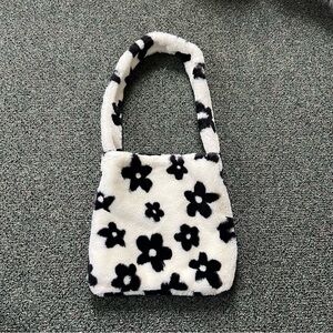 Fuzzy Furry Soft Black & White Floral Cow Print Medium Casual Shoulder Tote Bag